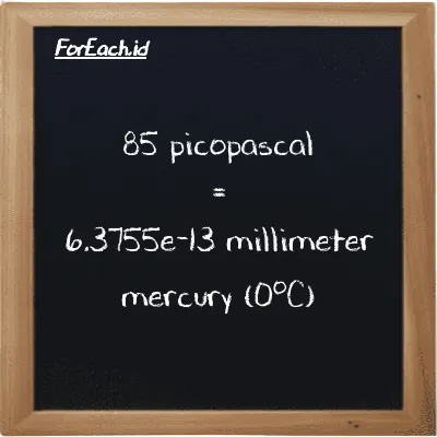 85 picopascal is equivalent to 6.3755e-13 millimeter mercury (0<sup>o</sup>C) (85 pPa is equivalent to 6.3755e-13 mmHg)
