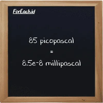 85 picopascal is equivalent to 8.5e-8 millipascal (85 pPa is equivalent to 8.5e-8 mPa)