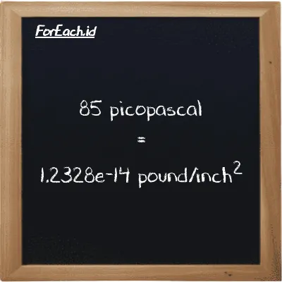 85 picopascal is equivalent to 1.2328e-14 pound/inch<sup>2</sup> (85 pPa is equivalent to 1.2328e-14 psi)