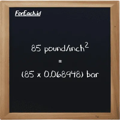 How to convert pound/inch<sup>2</sup> to bar: 85 pound/inch<sup>2</sup> (psi) is equivalent to 85 times 0.068948 bar (bar)