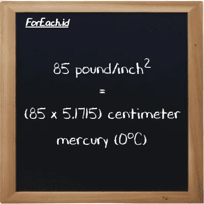 How to convert pound/inch<sup>2</sup> to centimeter mercury (0<sup>o</sup>C): 85 pound/inch<sup>2</sup> (psi) is equivalent to 85 times 5.1715 centimeter mercury (0<sup>o</sup>C) (cmHg)