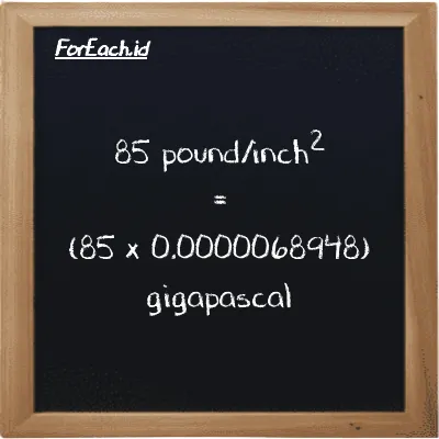 How to convert pound/inch<sup>2</sup> to gigapascal: 85 pound/inch<sup>2</sup> (psi) is equivalent to 85 times 0.0000068948 gigapascal (GPa)
