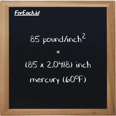 How to convert pound/inch<sup>2</sup> to inch mercury (60<sup>o</sup>F): 85 pound/inch<sup>2</sup> (psi) is equivalent to 85 times 2.0418 inch mercury (60<sup>o</sup>F) (inHg)