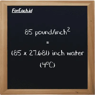 How to convert pound/inch<sup>2</sup> to inch water (4<sup>o</sup>C): 85 pound/inch<sup>2</sup> (psi) is equivalent to 85 times 27.681 inch water (4<sup>o</sup>C) (inH2O)