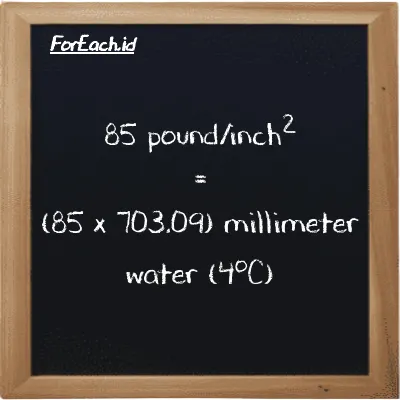 How to convert pound/inch<sup>2</sup> to millimeter water (4<sup>o</sup>C): 85 pound/inch<sup>2</sup> (psi) is equivalent to 85 times 703.09 millimeter water (4<sup>o</sup>C) (mmH2O)
