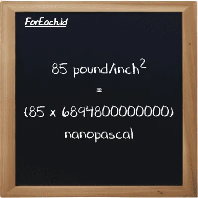 How to convert pound/inch<sup>2</sup> to nanopascal: 85 pound/inch<sup>2</sup> (psi) is equivalent to 85 times 6894800000000 nanopascal (nPa)