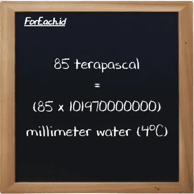 How to convert terapascal to millimeter water (4<sup>o</sup>C): 85 terapascal (TPa) is equivalent to 85 times 101970000000 millimeter water (4<sup>o</sup>C) (mmH2O)