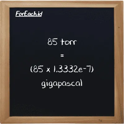 How to convert torr to gigapascal: 85 torr (torr) is equivalent to 85 times 1.3332e-7 gigapascal (GPa)