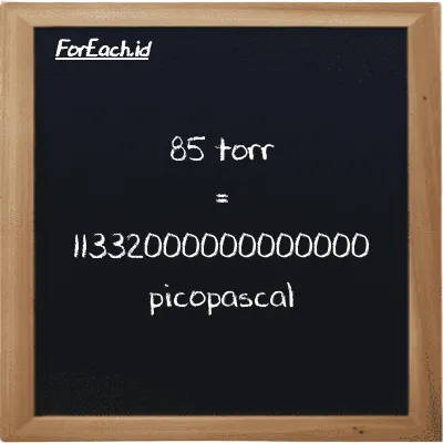 85 torr is equivalent to 11332000000000000 picopascal (85 torr is equivalent to 11332000000000000 pPa)