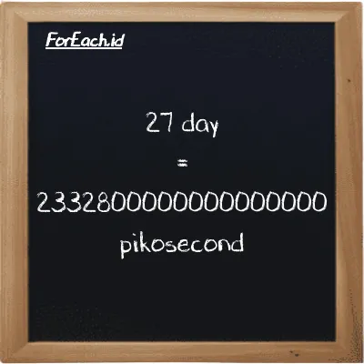 27 day is equivalent to 2332800000000000000 picosecond (27 d is equivalent to 2332800000000000000 ps)