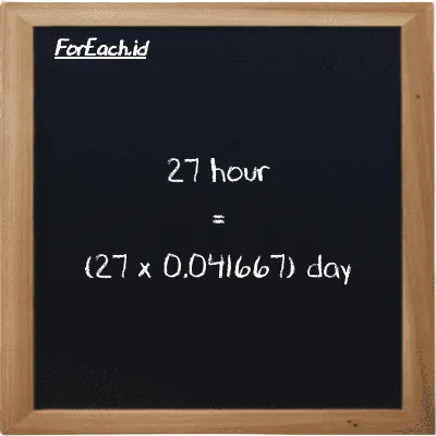 How to convert hour to day: 27 hour (h) is equivalent to 27 times 0.041667 day (d)