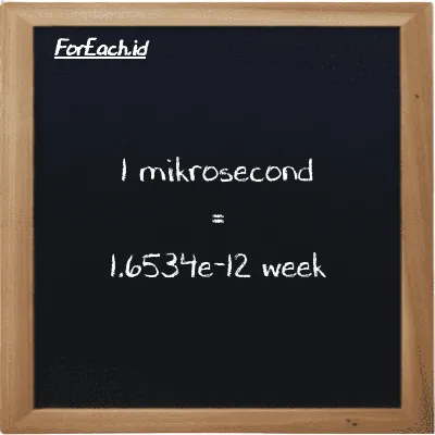 1 mikrosecond is equivalent to 1.6534e-12 week (1 µs is equivalent to 1.6534e-12 w)