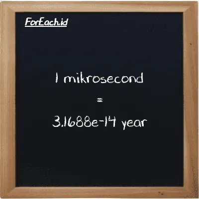 1 mikrosecond is equivalent to 3.1688e-14 year (1 µs is equivalent to 3.1688e-14 y)