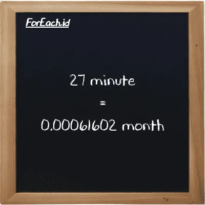 27 minute is equivalent to 0.00061602 month (27 min is equivalent to 0.00061602 mo)
