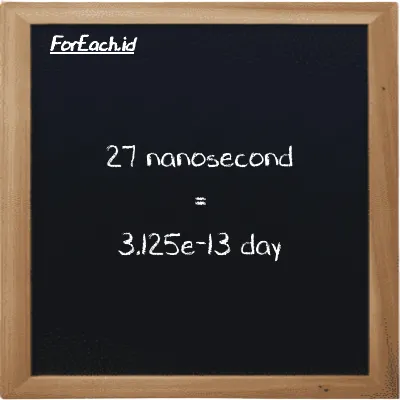 27 nanosecond is equivalent to 3.125e-13 day (27 ns is equivalent to 3.125e-13 d)