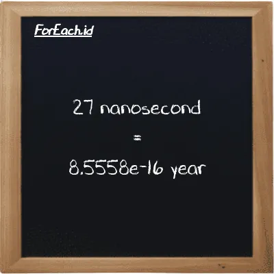 27 nanosecond is equivalent to 8.5558e-16 year (27 ns is equivalent to 8.5558e-16 y)