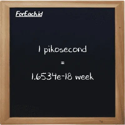 1 picosecond is equivalent to 1.6534e-18 week (1 ps is equivalent to 1.6534e-18 w)