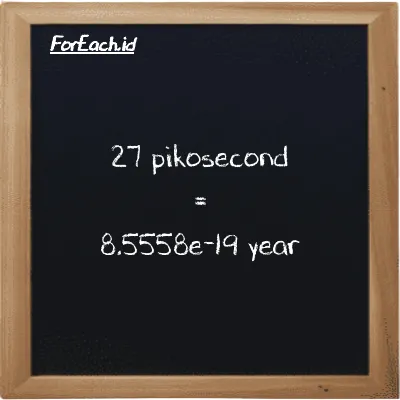 27 picosecond is equivalent to 8.5558e-19 year (27 ps is equivalent to 8.5558e-19 y)