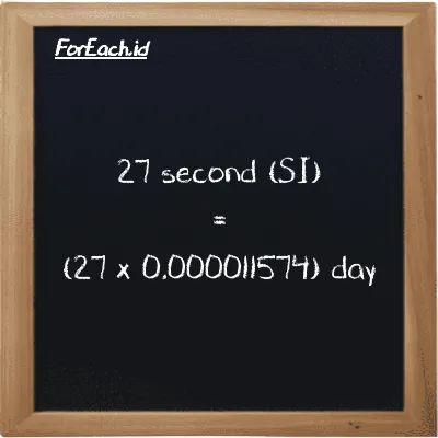 How to convert second to day: 27 second (s) is equivalent to 27 times 0.000011574 day (d)