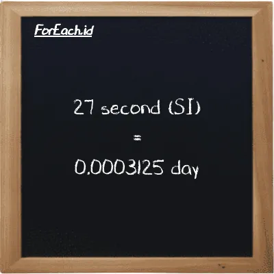 27 second is equivalent to 0.0003125 day (27 s is equivalent to 0.0003125 d)