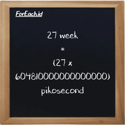 How to convert week to picosecond: 27 week (w) is equivalent to 27 times 604810000000000000 picosecond (ps)