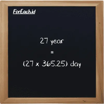 How to convert year to day: 27 year (y) is equivalent to 27 times 365.25 day (d)