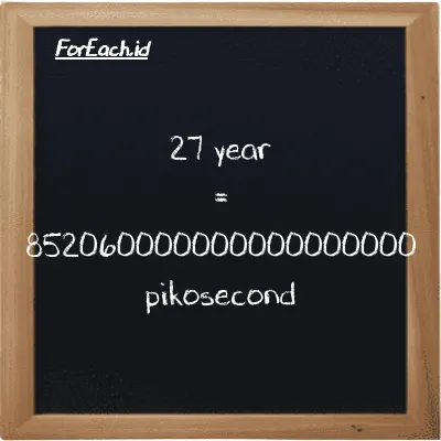 27 year is equivalent to 852060000000000000000 picosecond (27 y is equivalent to 852060000000000000000 ps)