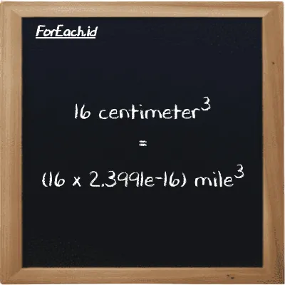 How to convert centimeter<sup>3</sup> to mile<sup>3</sup>: 16 centimeter<sup>3</sup> (cm<sup>3</sup>) is equivalent to 16 times 2.3991e-16 mile<sup>3</sup> (mi<sup>3</sup>)