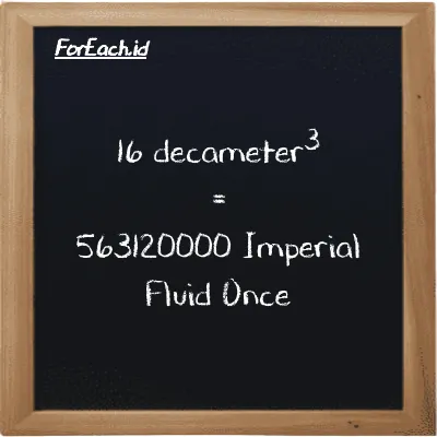 16 decameter<sup>3</sup> is equivalent to 563120000 Imperial Fluid Once (16 dam<sup>3</sup> is equivalent to 563120000 imp fl oz)