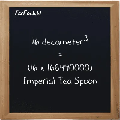 How to convert decameter<sup>3</sup> to Imperial Tea Spoon: 16 decameter<sup>3</sup> (dam<sup>3</sup>) is equivalent to 16 times 168940000 Imperial Tea Spoon (imp tsp)