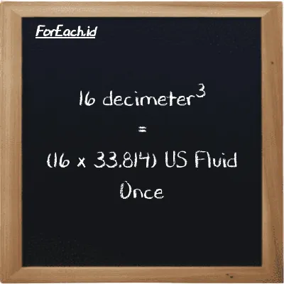 How to convert decimeter<sup>3</sup> to US Fluid Once: 16 decimeter<sup>3</sup> (dm<sup>3</sup>) is equivalent to 16 times 33.814 US Fluid Once (fl oz)