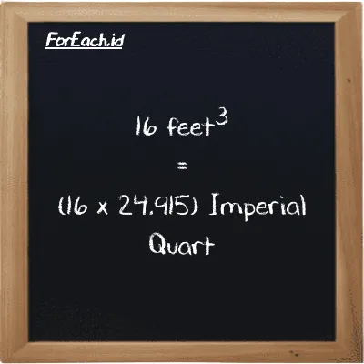 How to convert feet<sup>3</sup> to Imperial Quart: 16 feet<sup>3</sup> (ft<sup>3</sup>) is equivalent to 16 times 24.915 Imperial Quart (imp qt)
