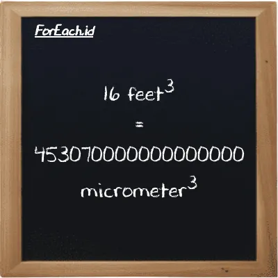 16 feet<sup>3</sup> is equivalent to 453070000000000000 micrometer<sup>3</sup> (16 ft<sup>3</sup> is equivalent to 453070000000000000 µm<sup>3</sup>)