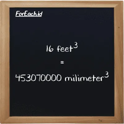 16 feet<sup>3</sup> is equivalent to 453070000 millimeter<sup>3</sup> (16 ft<sup>3</sup> is equivalent to 453070000 mm<sup>3</sup>)