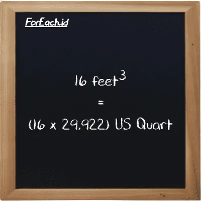 How to convert feet<sup>3</sup> to US Quart: 16 feet<sup>3</sup> (ft<sup>3</sup>) is equivalent to 16 times 29.922 US Quart (qt)