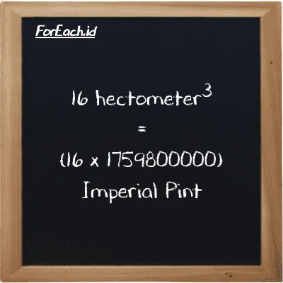 How to convert hectometer<sup>3</sup> to Imperial Pint: 16 hectometer<sup>3</sup> (hm<sup>3</sup>) is equivalent to 16 times 1759800000 Imperial Pint (imp pt)