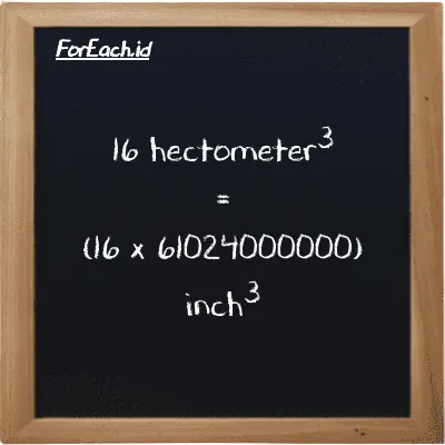 How to convert hectometer<sup>3</sup> to inch<sup>3</sup>: 16 hectometer<sup>3</sup> (hm<sup>3</sup>) is equivalent to 16 times 61024000000 inch<sup>3</sup> (in<sup>3</sup>)