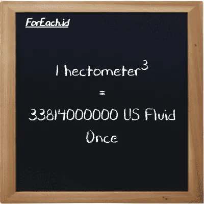 1 hectometer<sup>3</sup> is equivalent to 33814000000 US Fluid Once (1 hm<sup>3</sup> is equivalent to 33814000000 fl oz)