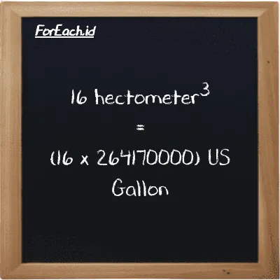 How to convert hectometer<sup>3</sup> to US Gallon: 16 hectometer<sup>3</sup> (hm<sup>3</sup>) is equivalent to 16 times 264170000 US Gallon (gal)