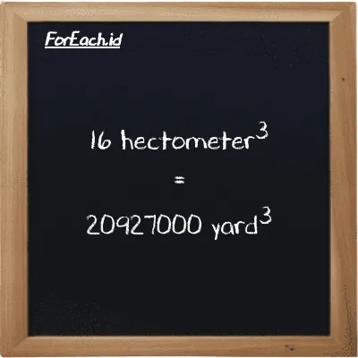 16 hectometer<sup>3</sup> is equivalent to 20927000 yard<sup>3</sup> (16 hm<sup>3</sup> is equivalent to 20927000 yd<sup>3</sup>)