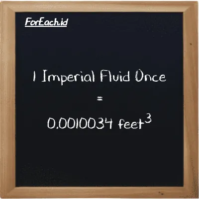 1 Imperial Fluid Once is equivalent to 0.0010034 feet<sup>3</sup> (1 imp fl oz is equivalent to 0.0010034 ft<sup>3</sup>)