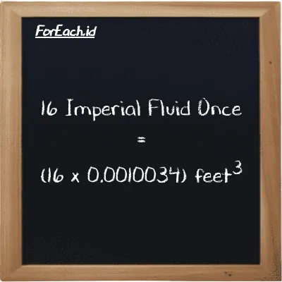 How to convert Imperial Fluid Once to feet<sup>3</sup>: 16 Imperial Fluid Once (imp fl oz) is equivalent to 16 times 0.0010034 feet<sup>3</sup> (ft<sup>3</sup>)