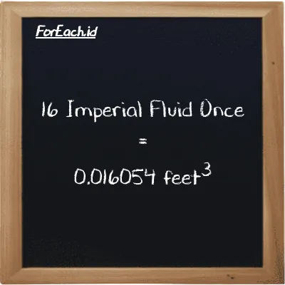 16 Imperial Fluid Once is equivalent to 0.016054 feet<sup>3</sup> (16 imp fl oz is equivalent to 0.016054 ft<sup>3</sup>)