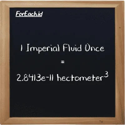 1 Imperial Fluid Once is equivalent to 2.8413e-11 hectometer<sup>3</sup> (1 imp fl oz is equivalent to 2.8413e-11 hm<sup>3</sup>)
