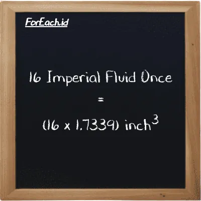 How to convert Imperial Fluid Once to inch<sup>3</sup>: 16 Imperial Fluid Once (imp fl oz) is equivalent to 16 times 1.7339 inch<sup>3</sup> (in<sup>3</sup>)