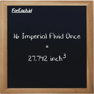 16 Imperial Fluid Once is equivalent to 27.742 inch<sup>3</sup> (16 imp fl oz is equivalent to 27.742 in<sup>3</sup>)