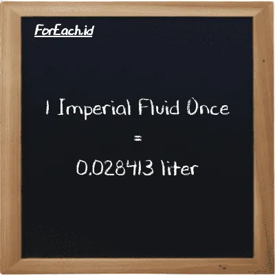 1 Imperial Fluid Once is equivalent to 0.028413 liter (1 imp fl oz is equivalent to 0.028413 l)