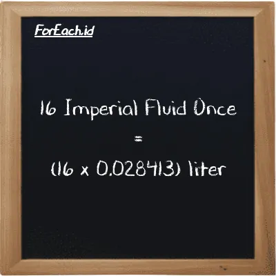 How to convert Imperial Fluid Once to liter: 16 Imperial Fluid Once (imp fl oz) is equivalent to 16 times 0.028413 liter (l)