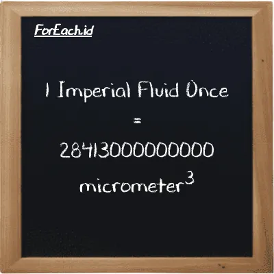 1 Imperial Fluid Once is equivalent to 28413000000000 micrometer<sup>3</sup> (1 imp fl oz is equivalent to 28413000000000 µm<sup>3</sup>)