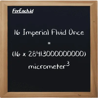 How to convert Imperial Fluid Once to micrometer<sup>3</sup>: 16 Imperial Fluid Once (imp fl oz) is equivalent to 16 times 28413000000000 micrometer<sup>3</sup> (µm<sup>3</sup>)